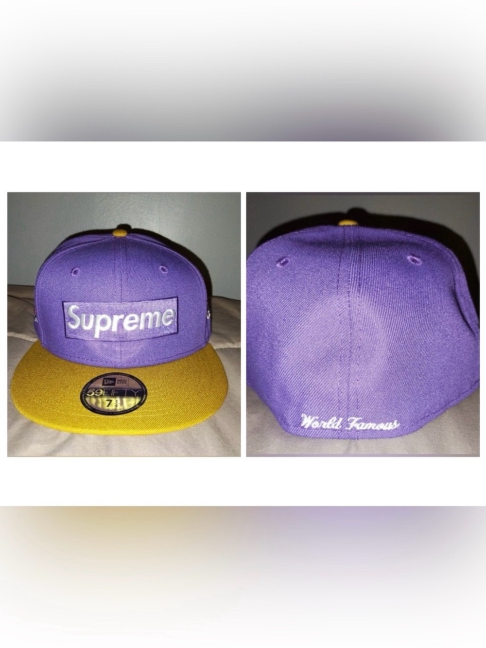 Supreme Hat Purple + Gold New Era Two-Tone Box Logo Fitted Cap SS22 NWT 7 1/4 - Picture 14 of 14